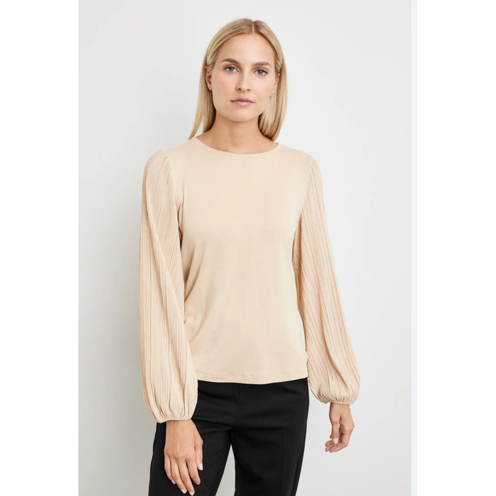 Ann Taylor Blush Pink Pleated Balloon Sleeve Sweater Top Small Crew Neck Cotton